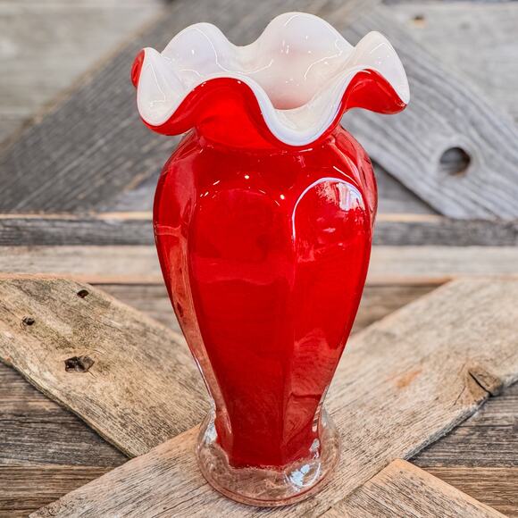 Vintage Ruby Red and White Blown Cased Art Glass Ruffled Vase, 7.5”H - Picture 2 of 6